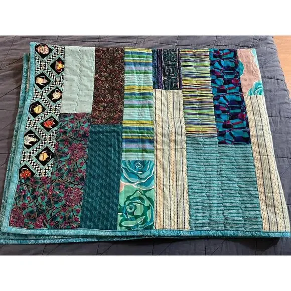 Handmade Batik Quilt, Blue purple teapots stripes floral grapes 47 x 63 Size